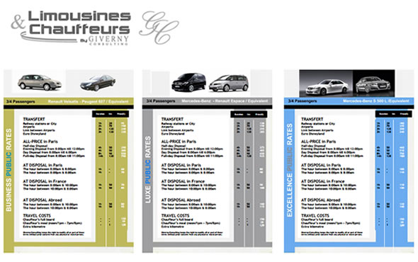 Téléchargez l'ensemble de nos tarifs (PDF) pour nos services de location de voitures, minibus et limousines avec chauffeurs